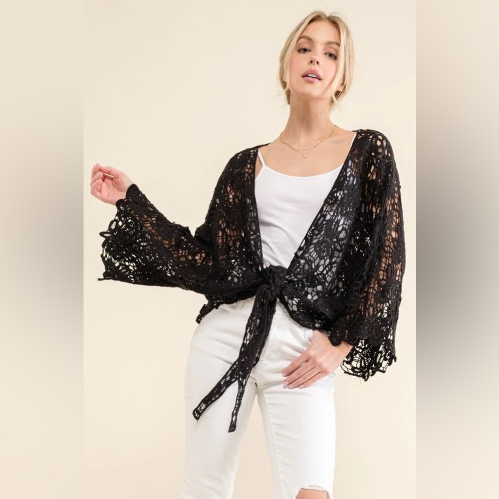 Crochet Tie-Front Kimono Shrug - Black